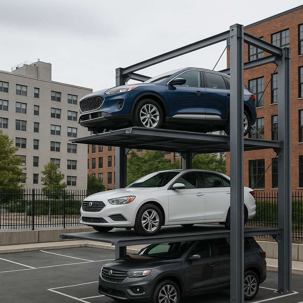 Vista de estacionamiento con elevadores para autos organizando los espacios