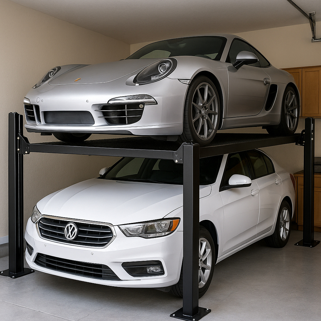 Elevador residencial para autos instalado en garaje doméstico