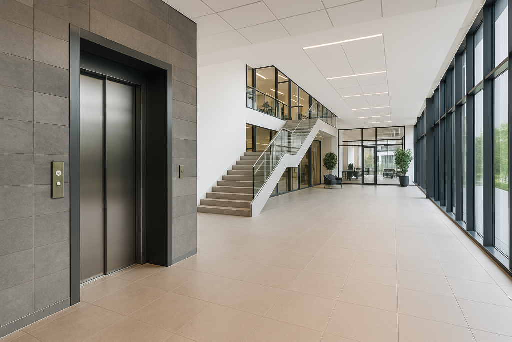 Interior moderno de oficinas con un elevador corporativo y espacios de circulación amplios y accesibles