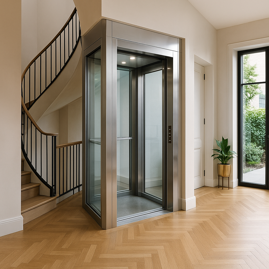 Elevador residencial moderno instalado en el interior de una vivienda elegante junto a una escalera de diseño