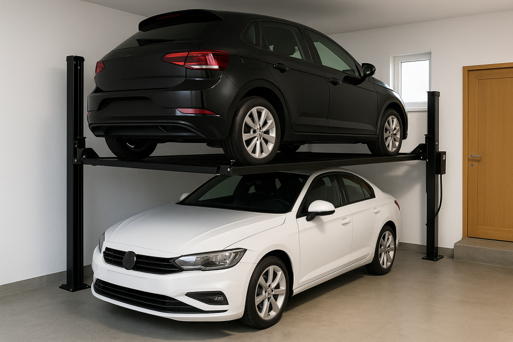 Garaje moderno con dos autos estacionados gracias a un elevador compacto de dos niveles