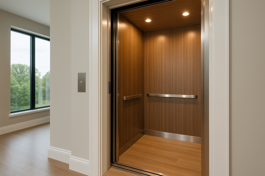 Interior de un elevador residencial moderno con acabados en madera dentro de una casa contemporánea