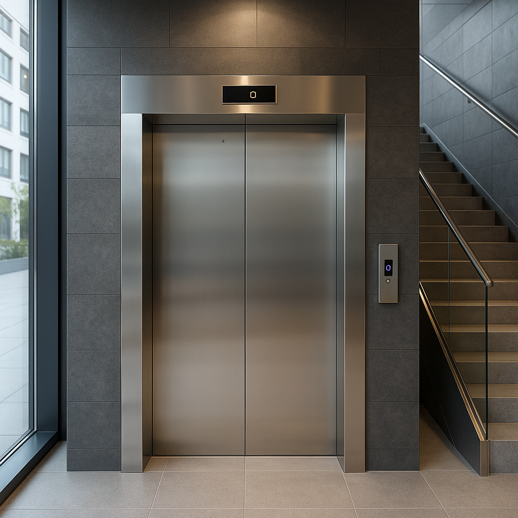 Elevador comercial moderno de acero inoxidable en un edificio con diseño minimalista y eficiencia energética