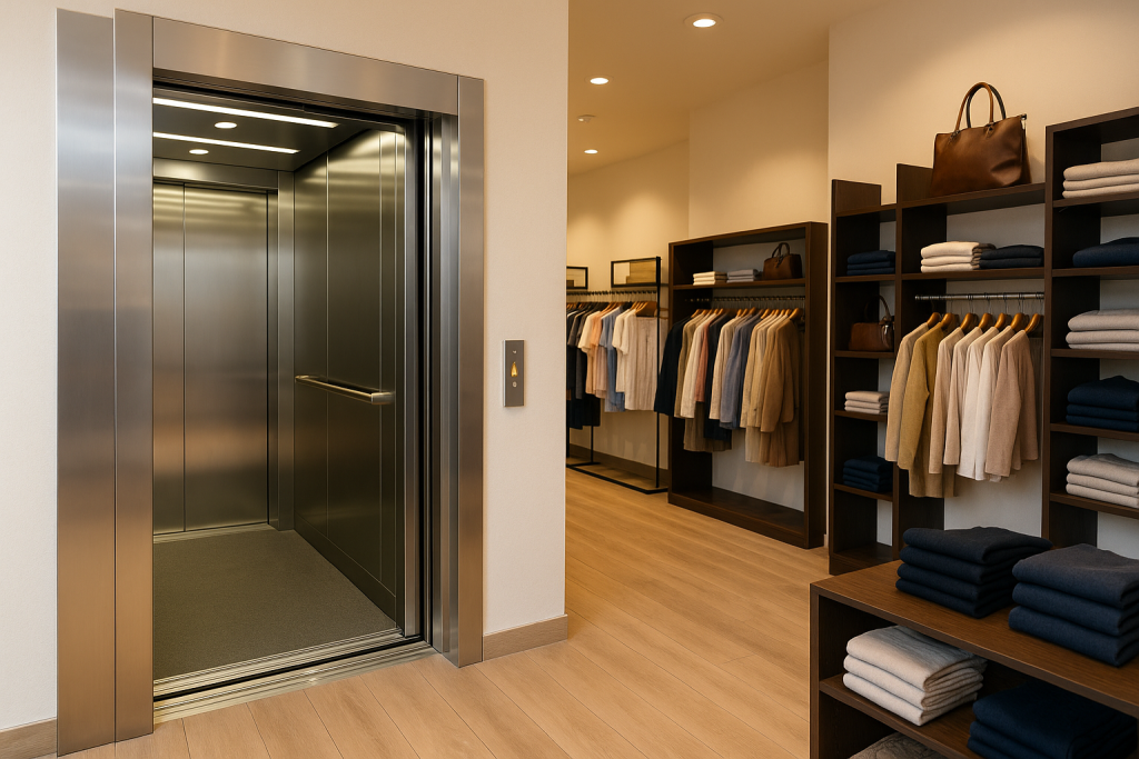Elevador comercial moderno integrado en un pequeño negocio de ropa con diseño minimalista