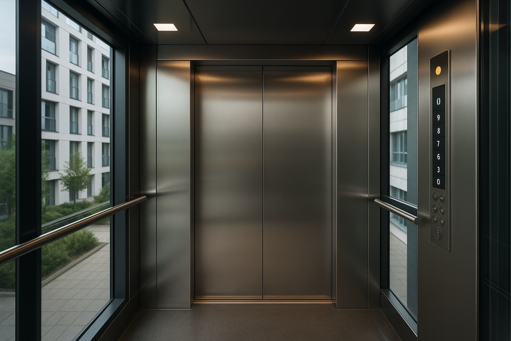 Interior de un elevador europeo moderno con acabados de acero y vidrio en un edificio contemporáneo