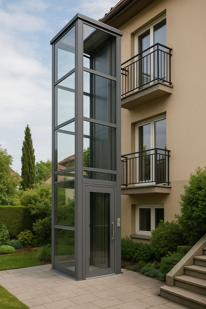 Vivienda moderna con un elevador exterior de vidrio y estructura metálica junto a un jardín.