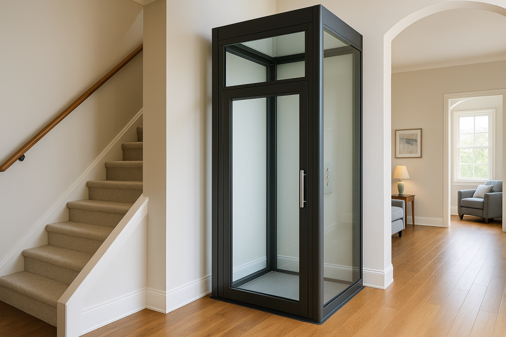 Elevador residencial moderno de vidrio instalado junto a una escalera en una casa contemporánea