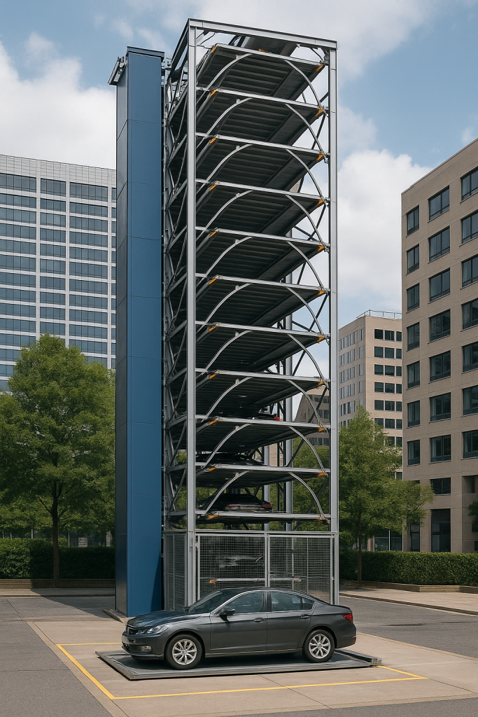 Torre automatizada de estacionamiento vertical en medio de edificios modernos