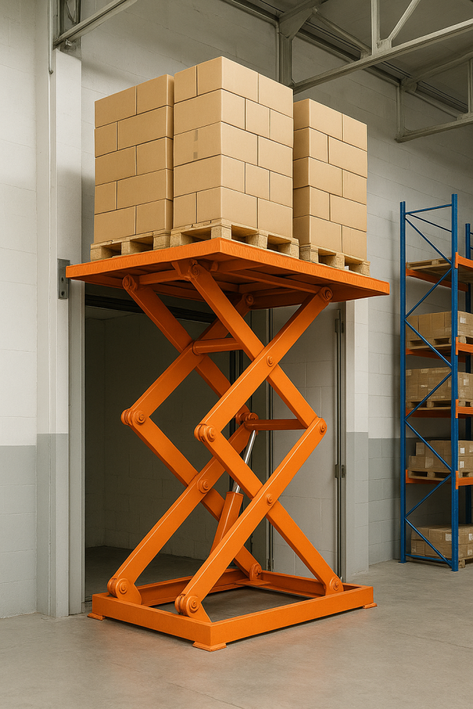 Elevador montacargas hidráulico de tijera transportando pallets en un almacén