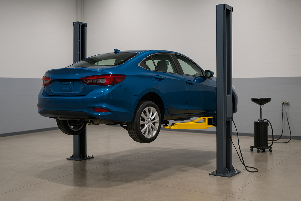 Auto azul sobre un elevador hidráulico moderno en un taller mecánico