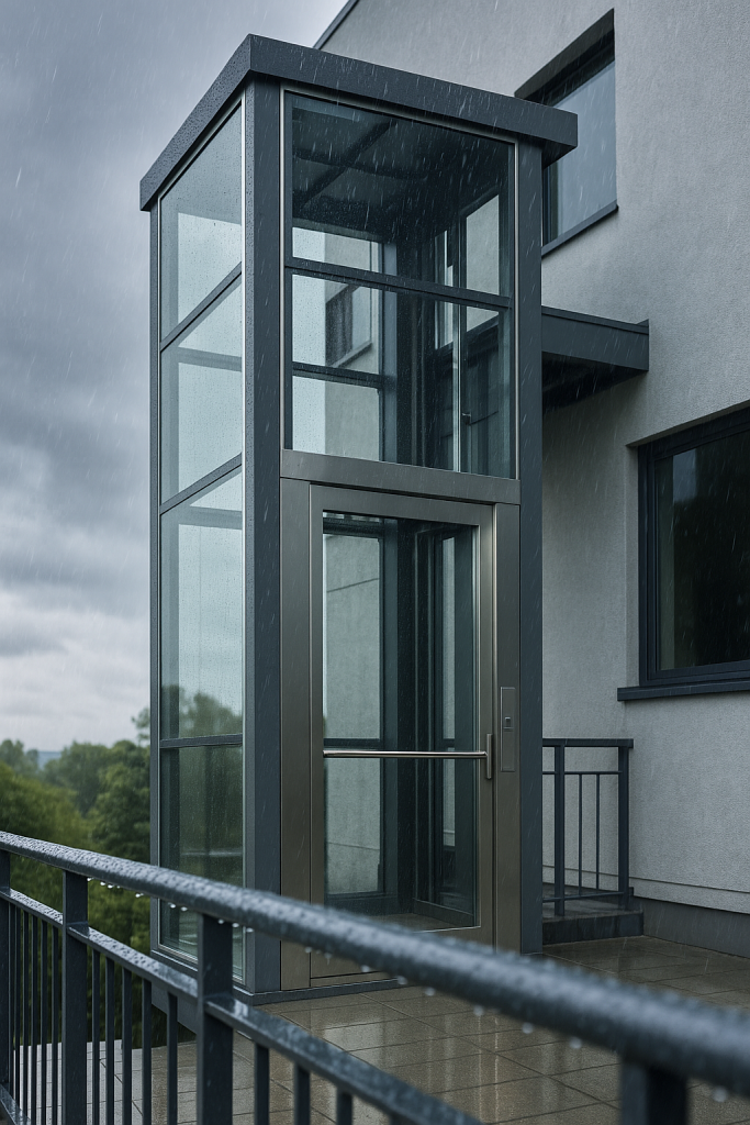 Elevador exterior panorámico de vidrio y acero instalado en la fachada de un edificio moderno bajo cielo nublado