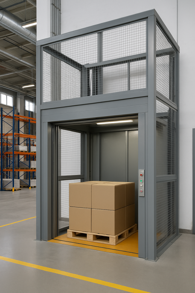 Elevador montacargas industrial con plataforma metálica transportando cajas en un almacén moderno con estanterías