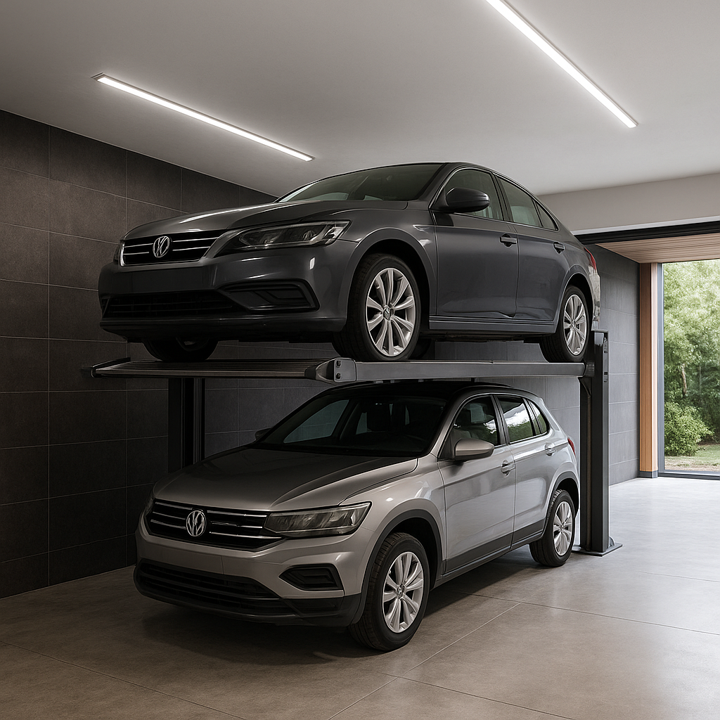 Garaje residencial con un elevador para autos moderno que sostiene un sedán sobre un SUV, en un espacio elegante y bien iluminado
