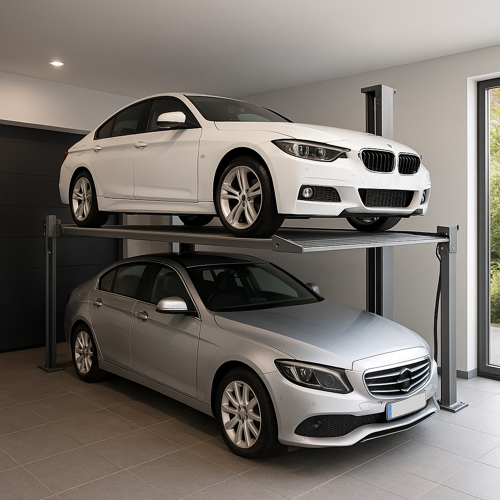 Elevador para autos compacto en un garaje residencial moderno con un auto blanco elevado y un sedán plateado estacionado debajo