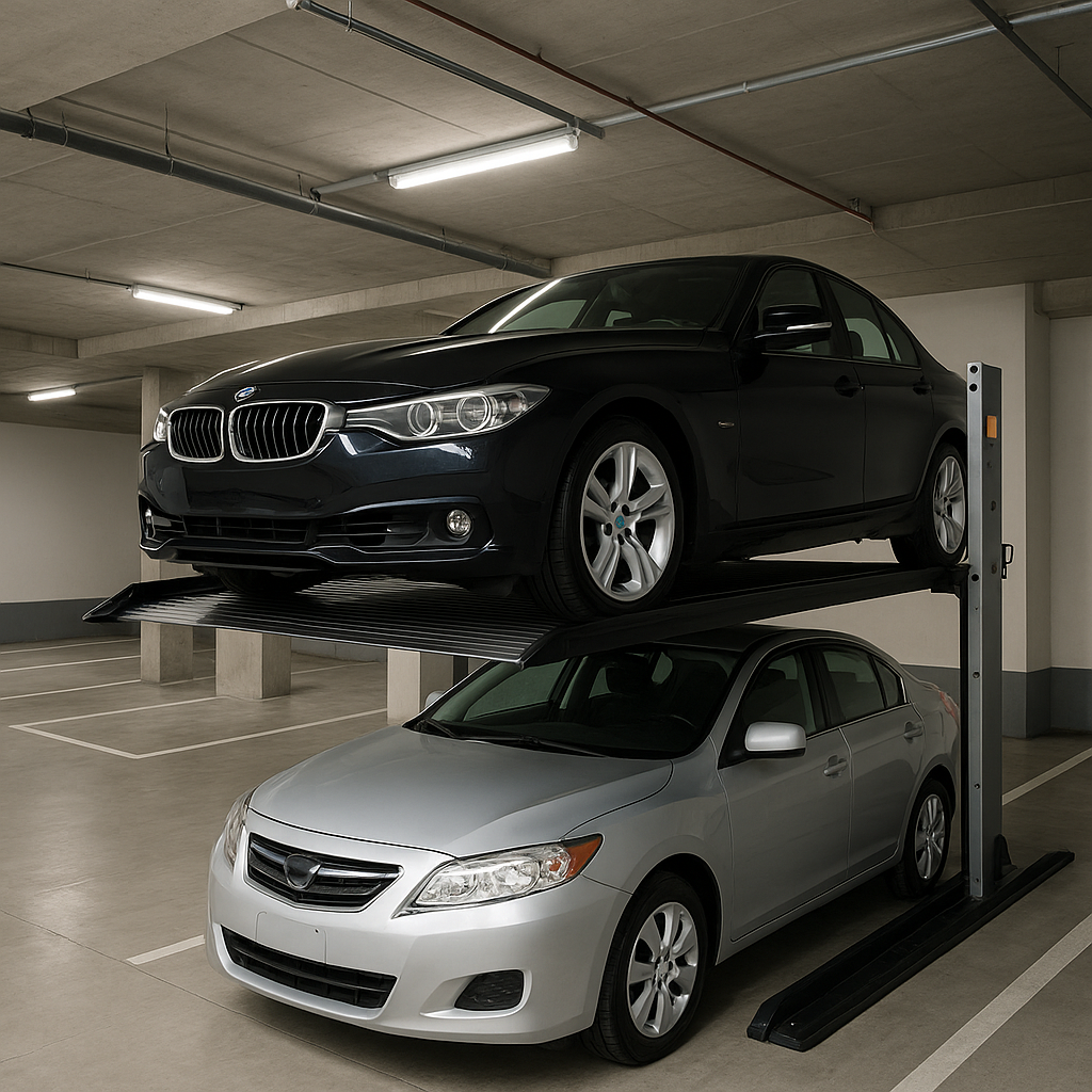 Estacionamiento moderno con un elevador para autos compacto que sostiene un vehículo arriba y otro estacionado debajo