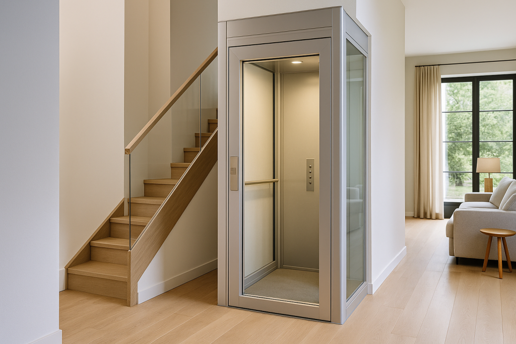 Elevador residencial compacto de vidrio y acero instalado en el interior de una casa moderna junto a una escalera de madera y sala iluminada