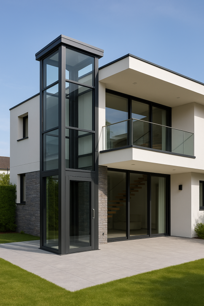 Elevador exterior de vidrio y acero integrado en la fachada de una casa moderna de dos pisos con diseño elegante y minimalista