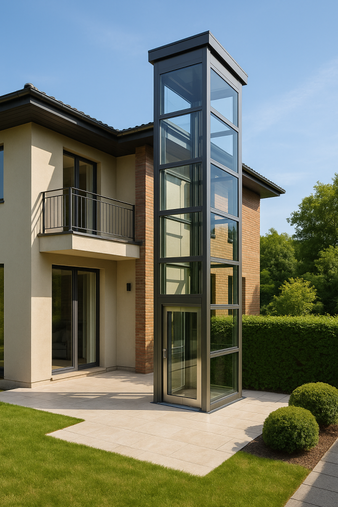 Elevador exterior panorámico de vidrio y acero integrado en la fachada de una casa residencial de varios pisos con diseño contemporáneo