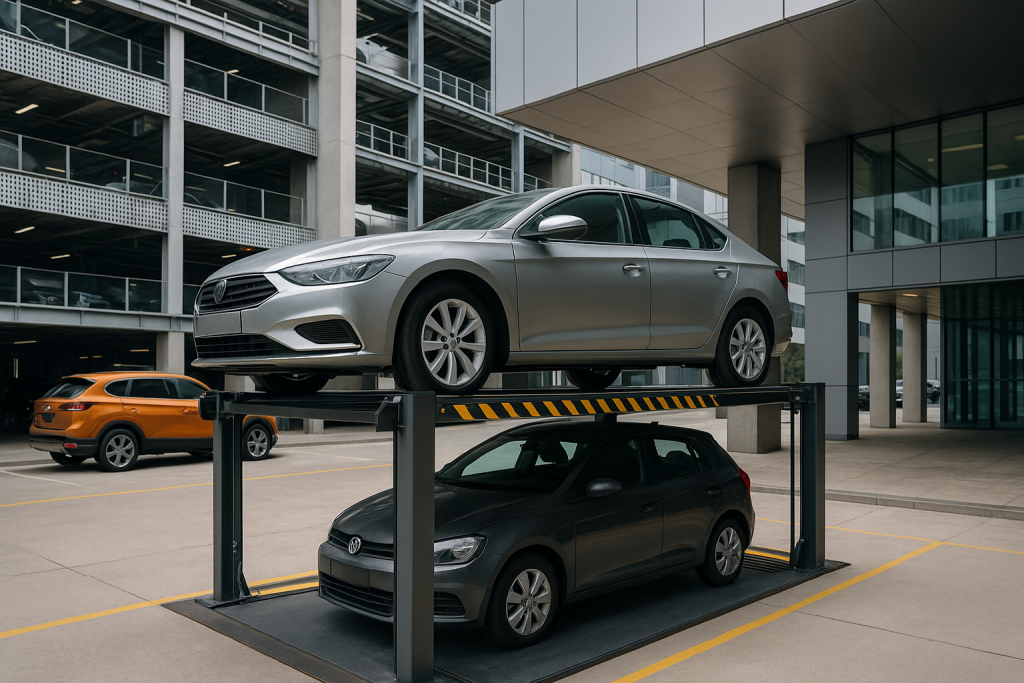 Estacionamiento urbano con un elevador para autos moderno, sosteniendo un sedán plateado sobre un hatchback oscuro en un edificio contemporáneo