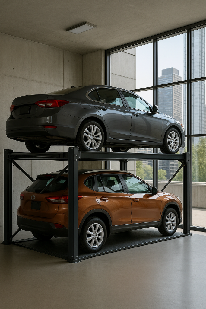 Estacionamiento urbano con un elevador para autos moderno, sosteniendo un sedán gris en la parte superior y un SUV naranja debajo