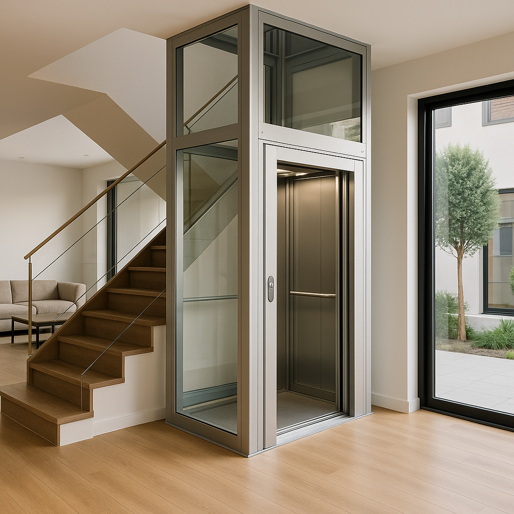 Elevador residencial de vidrio y acero integrado en el interior de una casa moderna junto a una escalera flotante