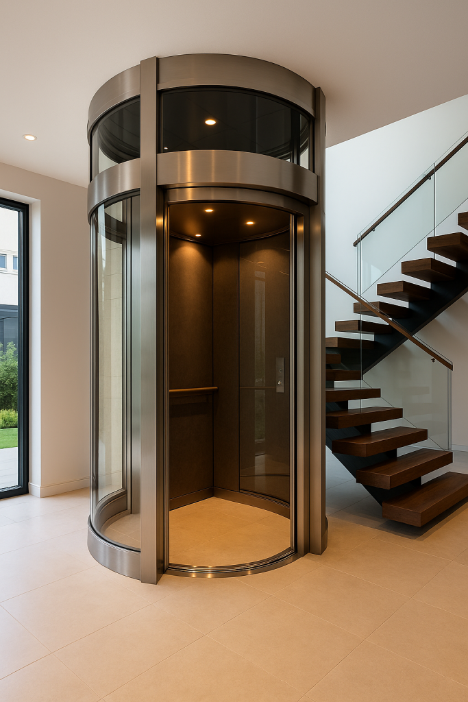 Elevador residencial de lujo con cabina de vidrio y acero, ubicado en el interior de una casa moderna junto a una escalera flotante