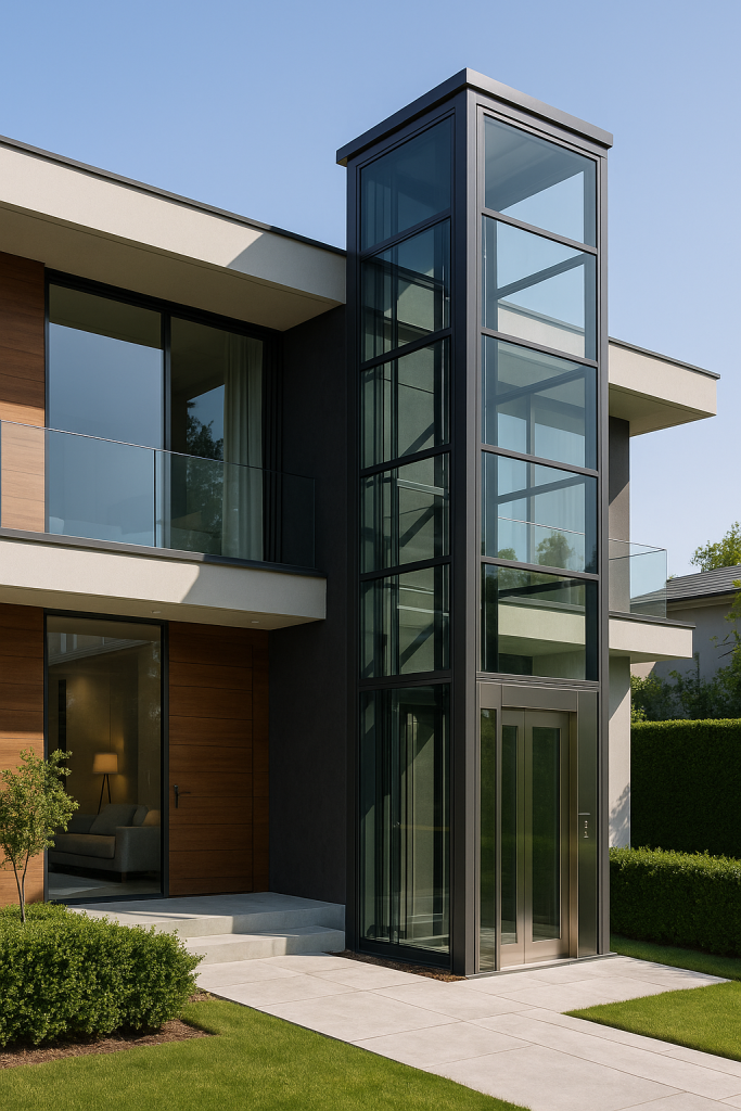 Elevador exterior de vidrio y acero instalado en la fachada de una casa contemporánea de dos pisos con diseño elegante y jardín cuidado
