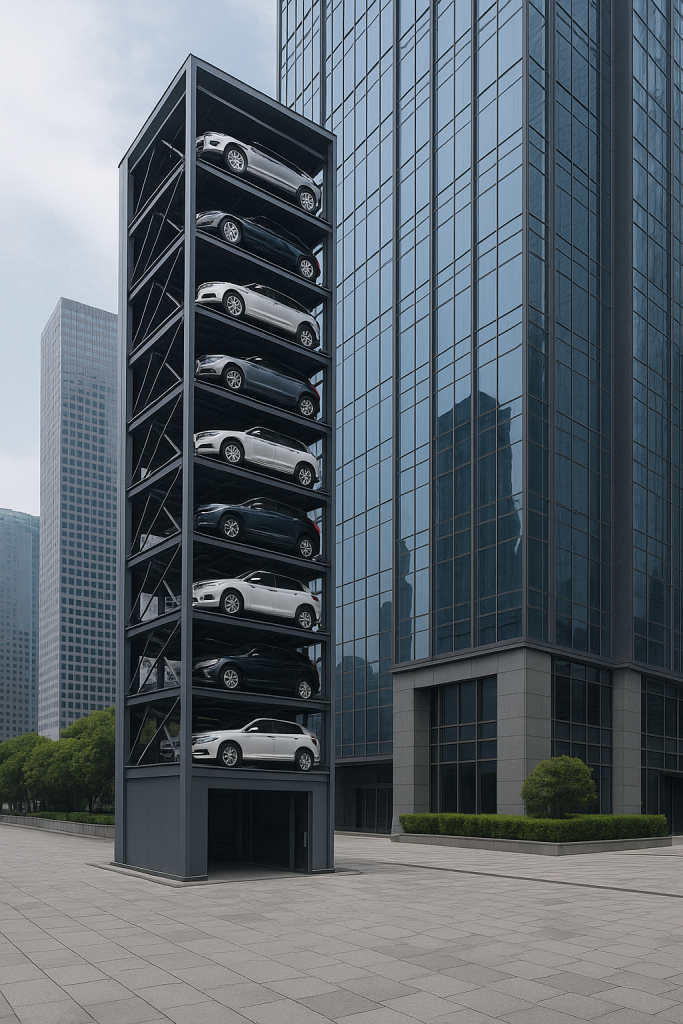 Torre de estacionamiento vertical con múltiples autos, instalada junto a un rascacielos moderno en una ciudad contemporánea