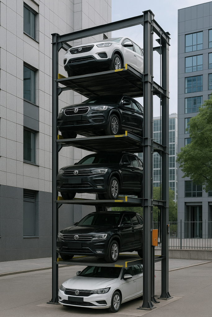 Torre de estacionamiento moderna en ciudad, con autos distribuidos en plataformas verticales de varios niveles.