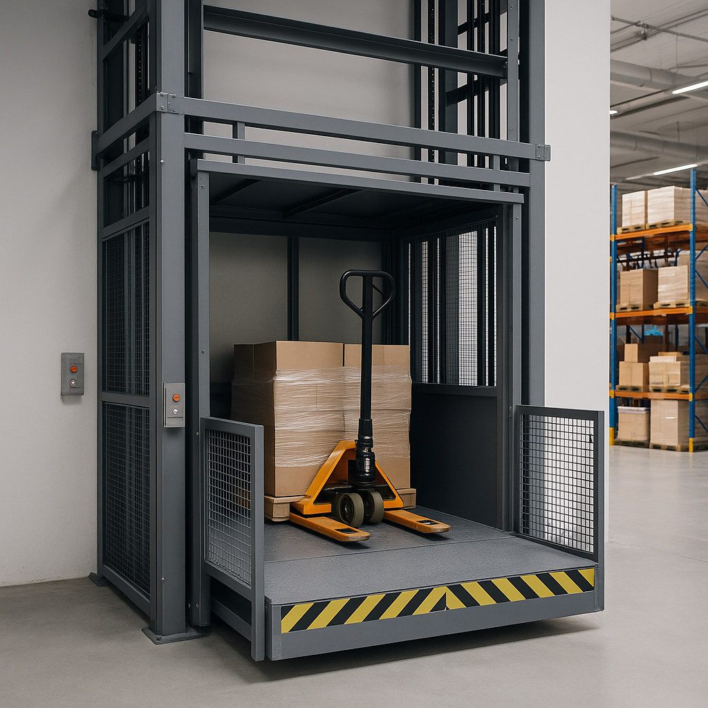 Elevador montacargas industrial transportando pallets con cajas en un almacén moderno con estanterías metálicas organizadas