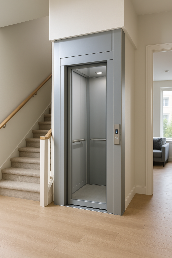 elevador compacto moderno instalado en el interior de una vivienda elegante junto a una escalera