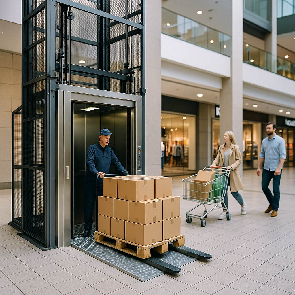 elevador montacargas moderno transportando productos y personas en un centro comercial iluminado