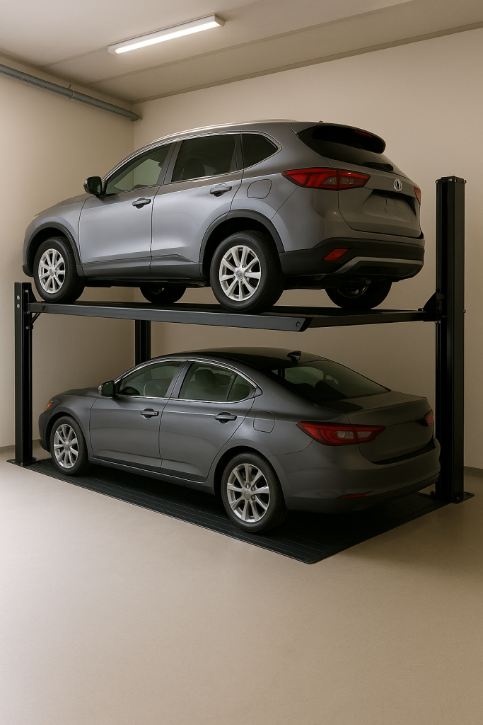 elevador para autos instalado en un garaje pequeño con un vehículo SUV elevado