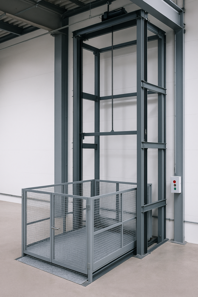 elevador montacargas eléctrico moderno en entorno industrial limpio con estructura metálica