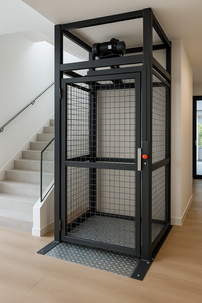 montacargas residencial moderno de vidrio y acero instalado en el interior de una casa elegante