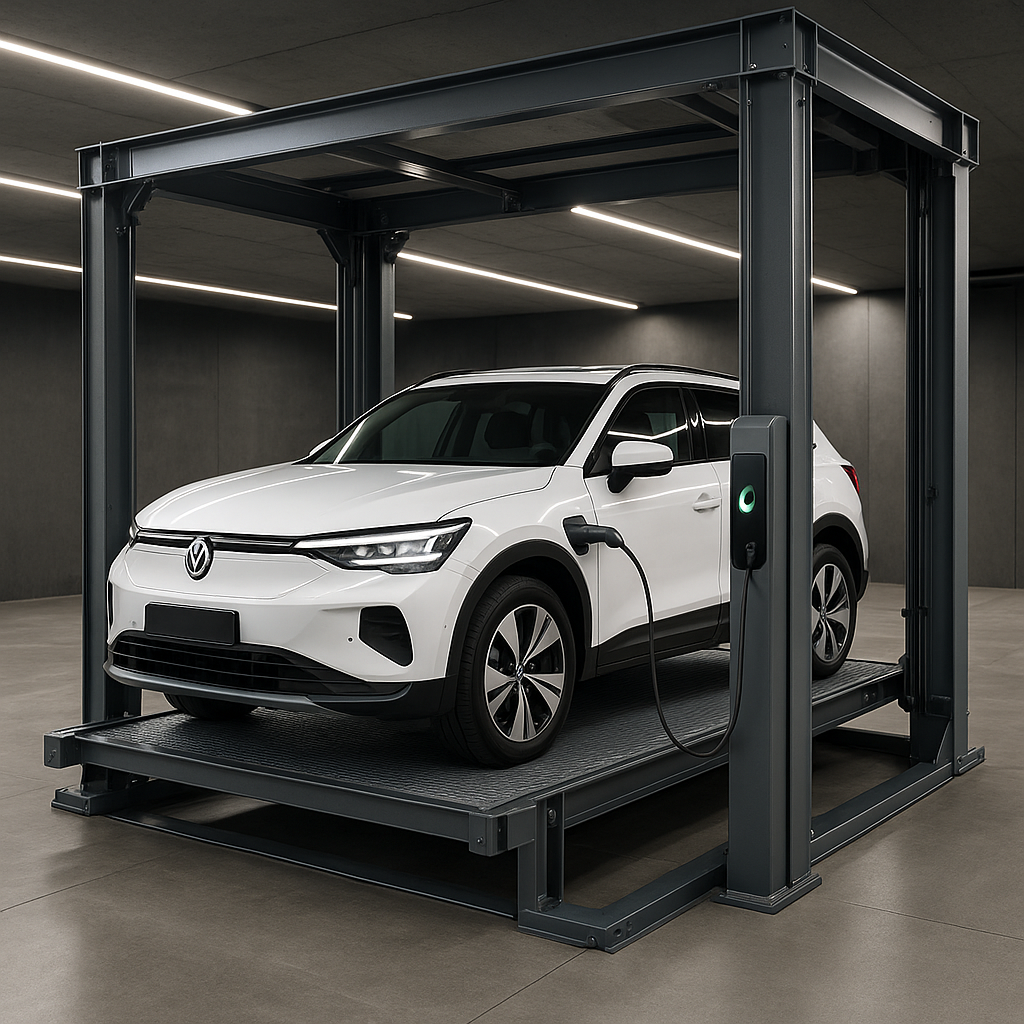 elevador moderno con estación de carga para autos eléctricos en garaje urbano iluminado