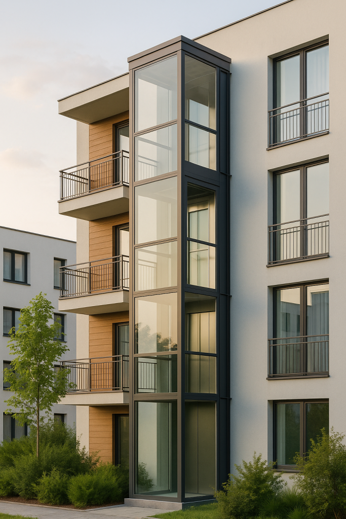 elevador residencial silencioso moderno de vidrio y acero en edificio multifamiliar