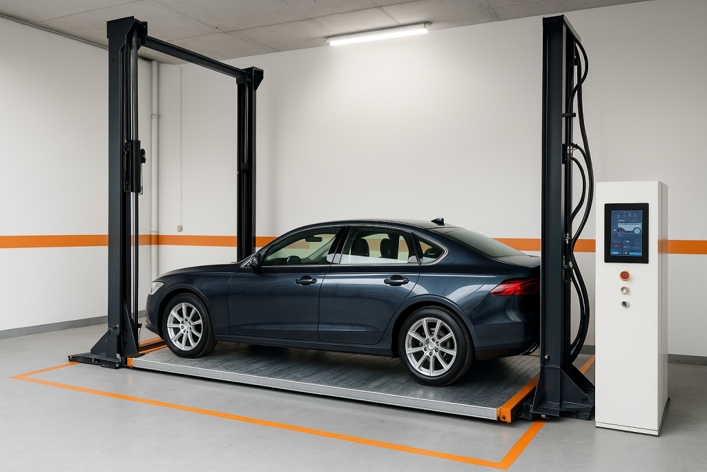 elevador para autos moderno con sensores y pantalla digital en garaje automatizado