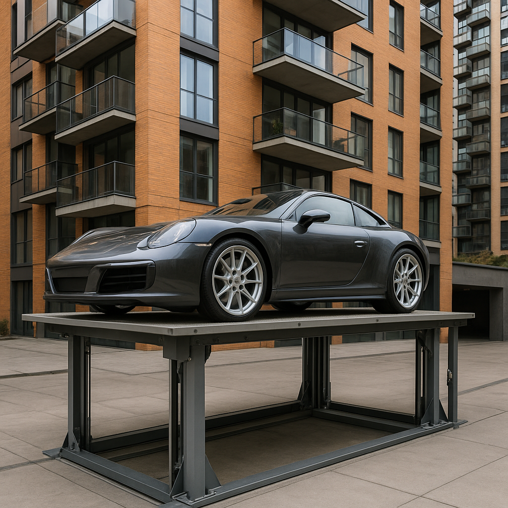 elevador para autos moderno en edificio urbano con un coche deportivo elevado