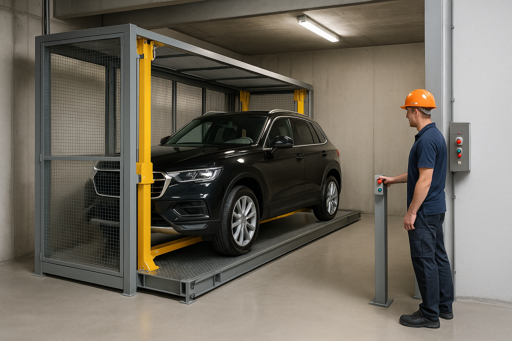 técnico operando un sistema de elevador para autos moderno con sensores de seguridad y estructura metálica