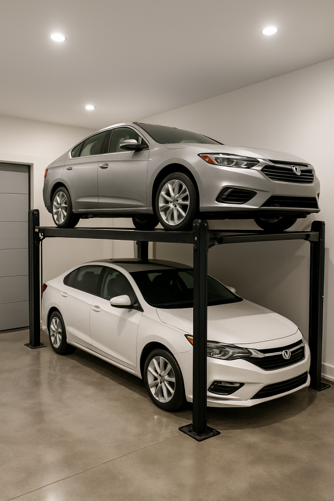 Elevador de doble plataforma para autos dentro de un garaje moderno con dos vehículos estacionados verticalmente