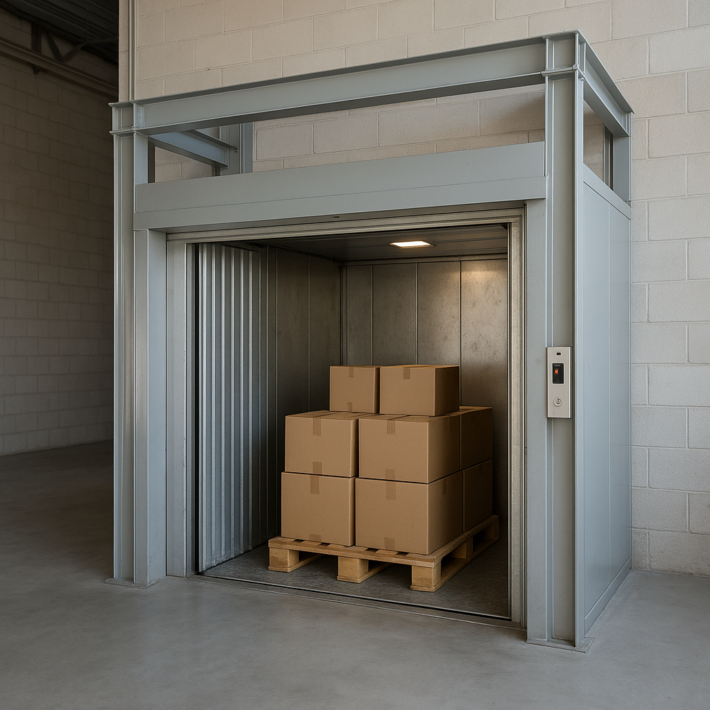 Elevador montacargas industrial levantando carga en un almacén amplio y bien iluminado