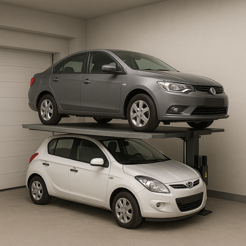 Elevador para autos compacto en un garaje, ideal para espacios reducidos