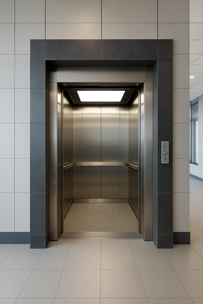 Elevador comercial moderno en un edificio corporativo con cabina amplia y puertas de acero inoxidable