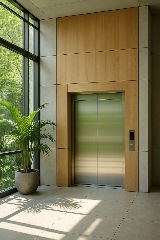 Elevador ecológico moderno con diseño sostenible en un edificio iluminado con luz natural