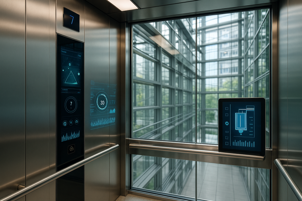 Elevador moderno dentro de un edificio inteligente con sensores y paneles tecnológicos