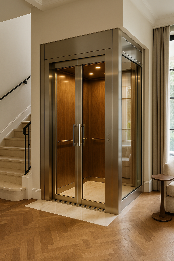 Elevador residencial de lujo con diseño moderno integrado en el interior de una casa elegante