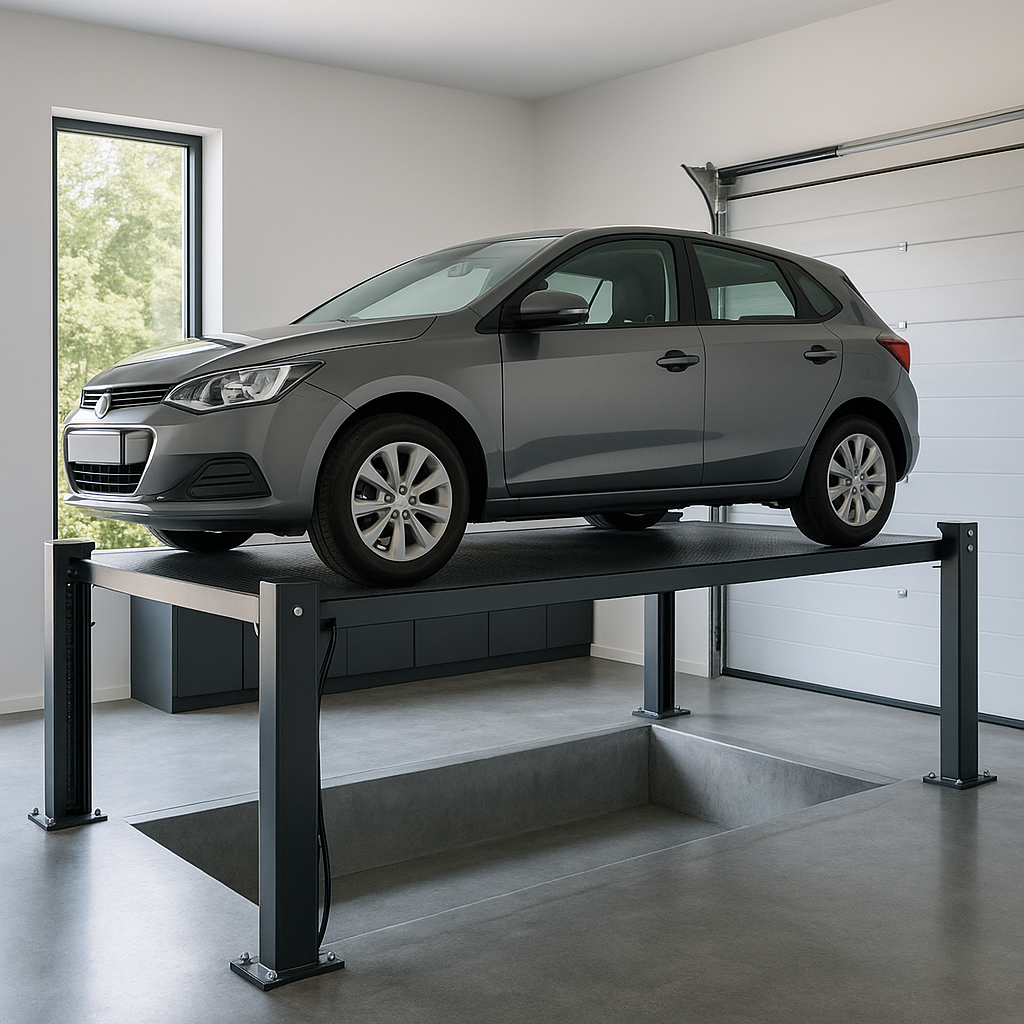 Elevador para autos instalado en un garaje moderno, con un vehículo sobre una plataforma elevada