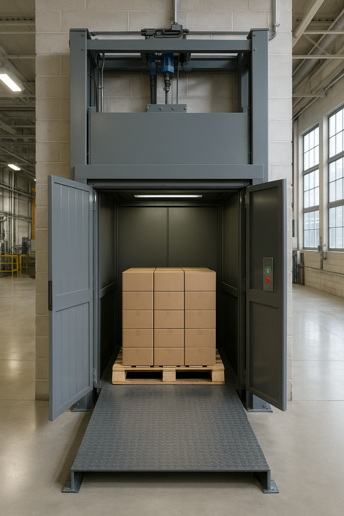 Elevador montacargas moderno elevando un pallet dentro de una planta industrial iluminada