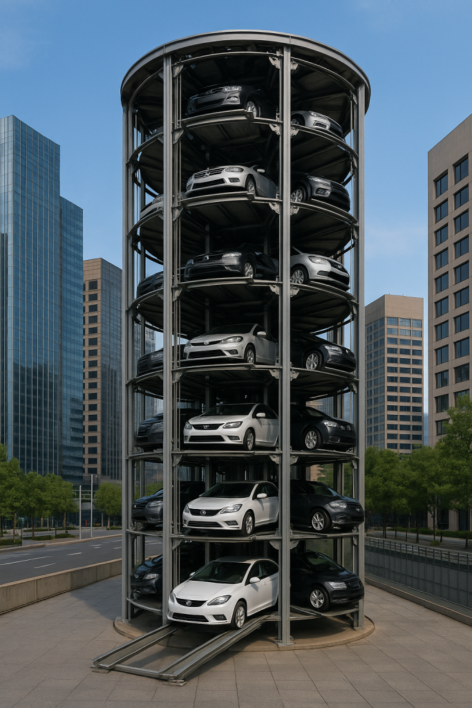 Torre de estacionamiento automatizada con autos almacenados en niveles verticales dentro de una ciudad moderna